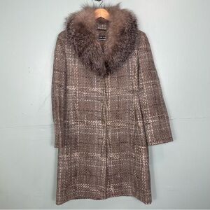 Ellen Tracy Coat Wool Blend Fox Fur Neck Collar Plaid Tweed Size 8 Gray Lined